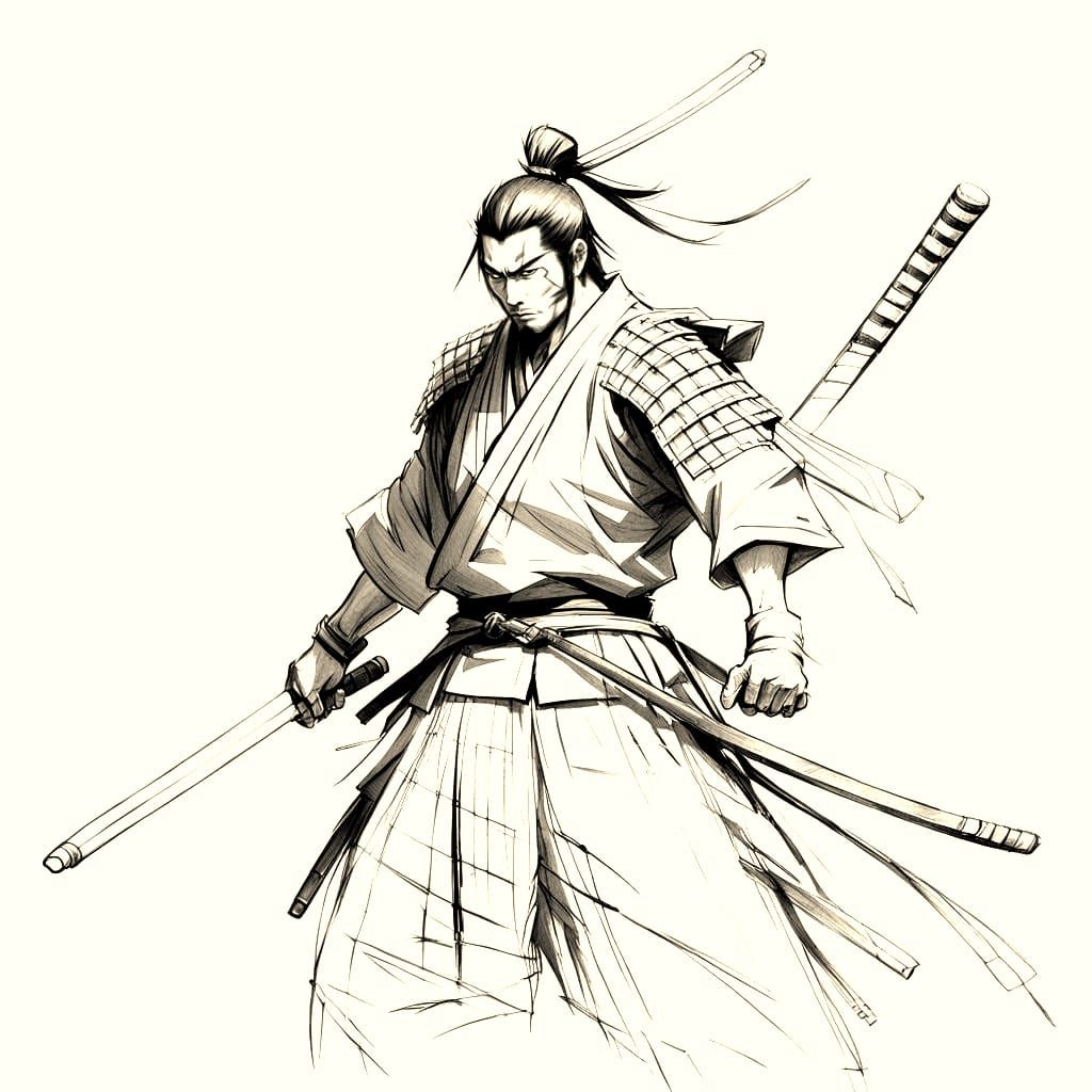 black and white  A pencil sketched samurai, likely a prelimi...