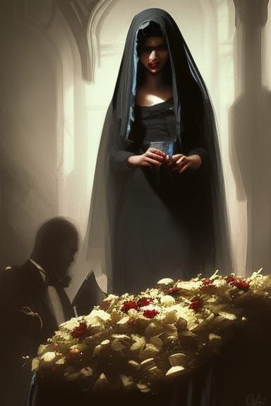 Humorous Dark Woman Serving Drinks at Funeral