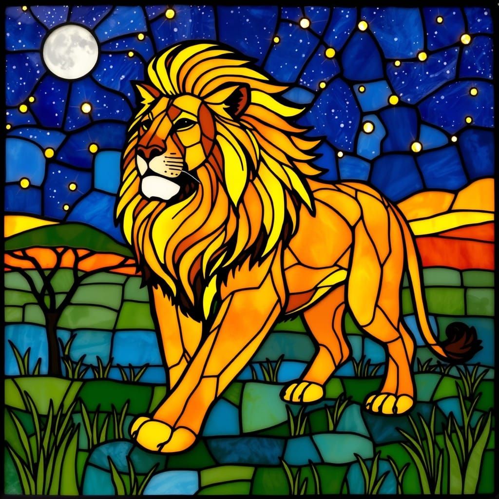 Stained Glass Lion Striding Through Starry Savanna