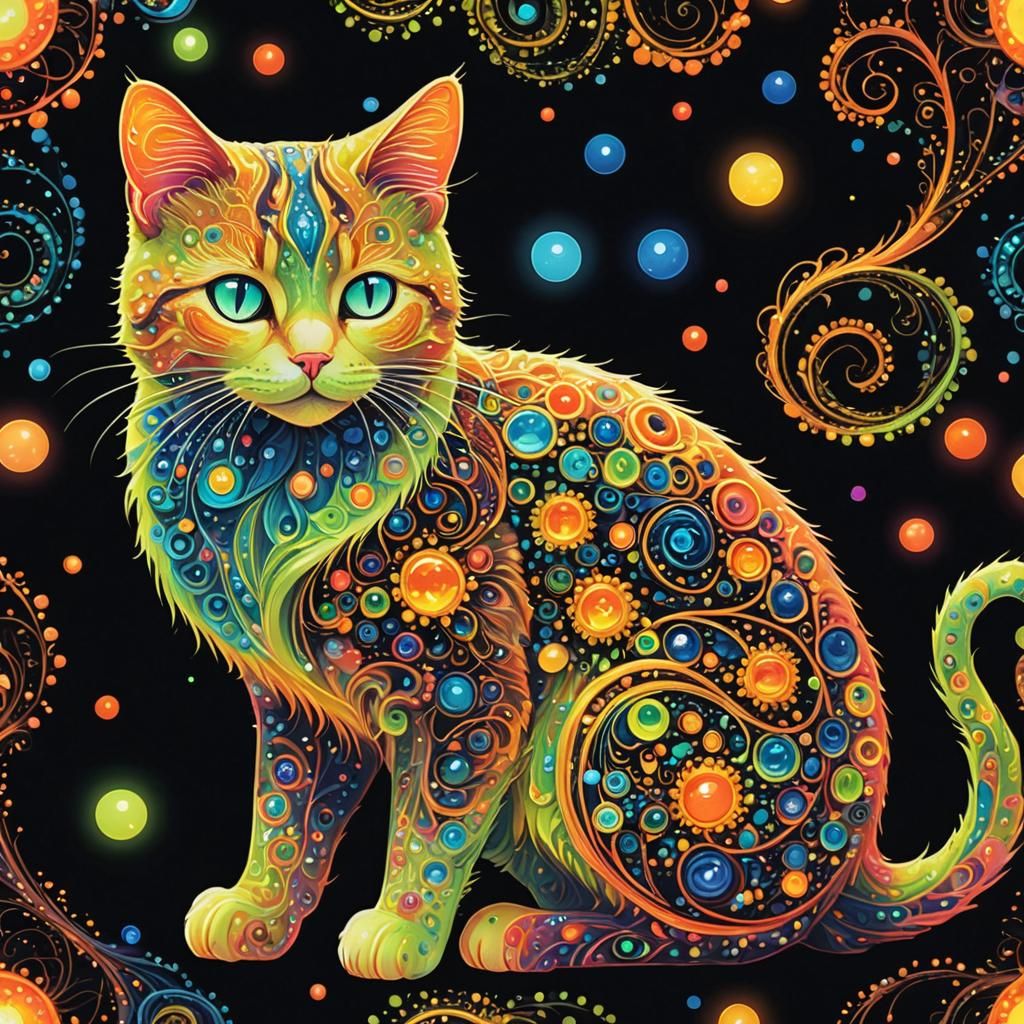 Elegant Cat with Fluorescent Bubbles