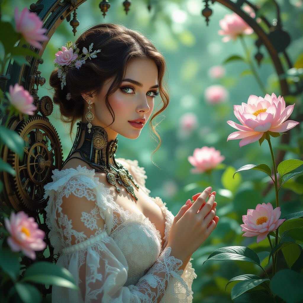 Biomechanical Woman Sculpture in Surreal Garden