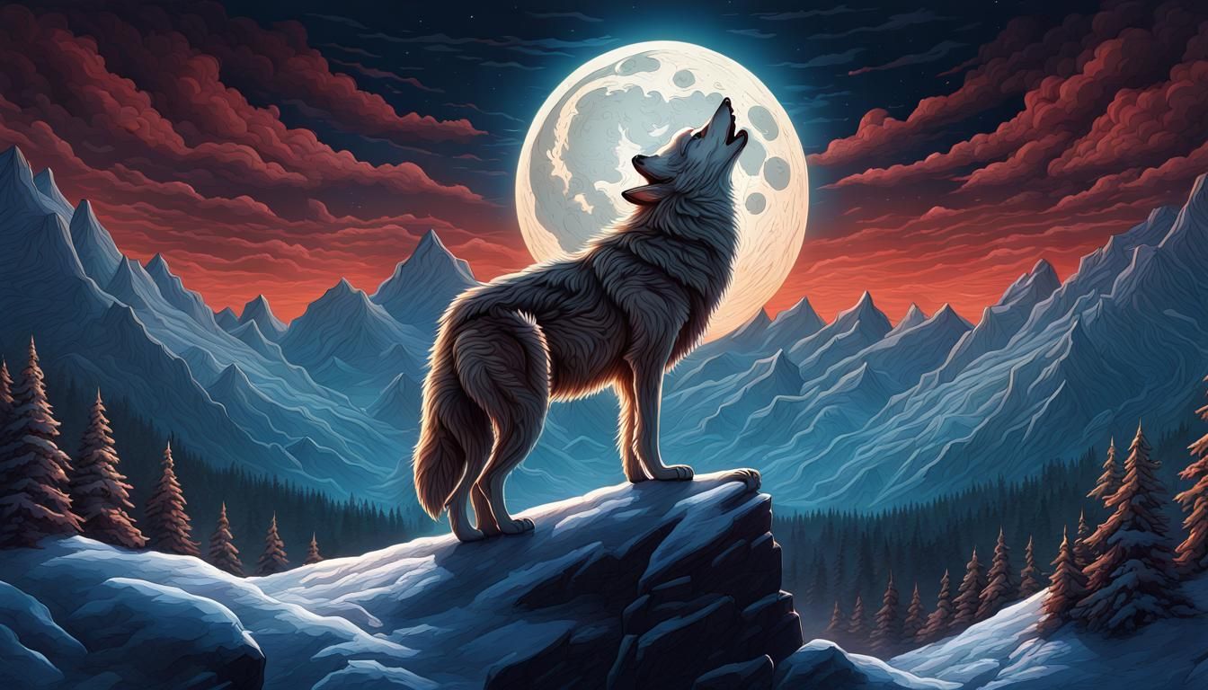 Wolf Howling at Moonlit Snowy Mountains