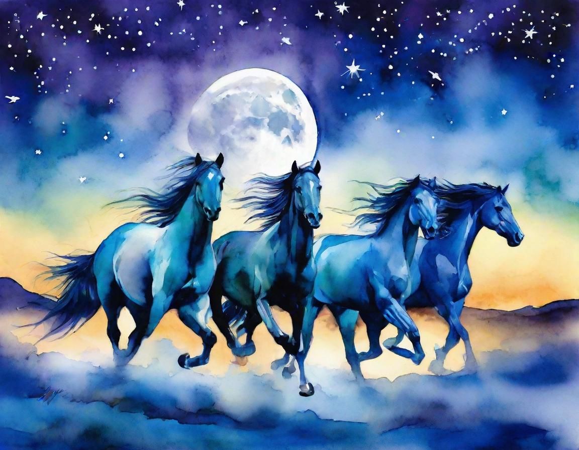 Arabian Stallions Galloping in Twilight, as Impasto Gouache