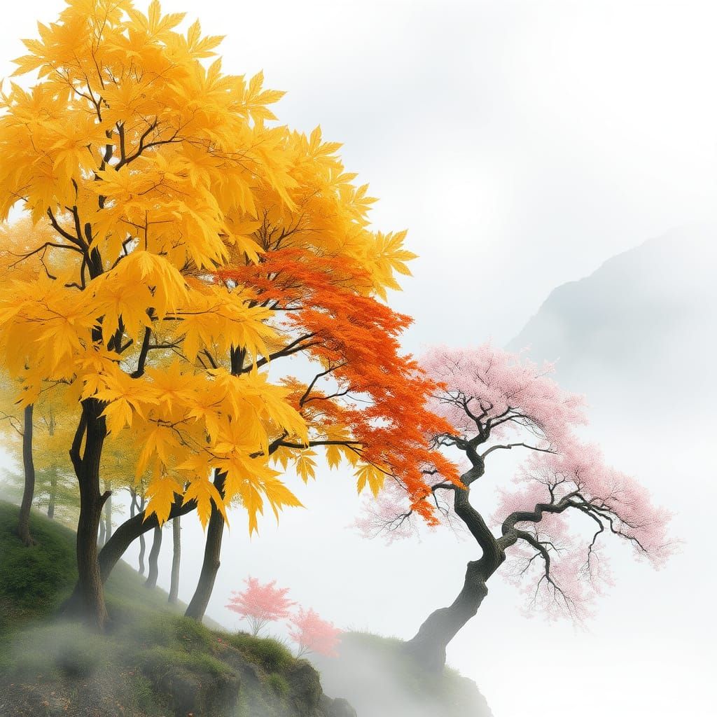 Misty Mountain Landscape with Ginko, Maple, and Cherry Bloss...