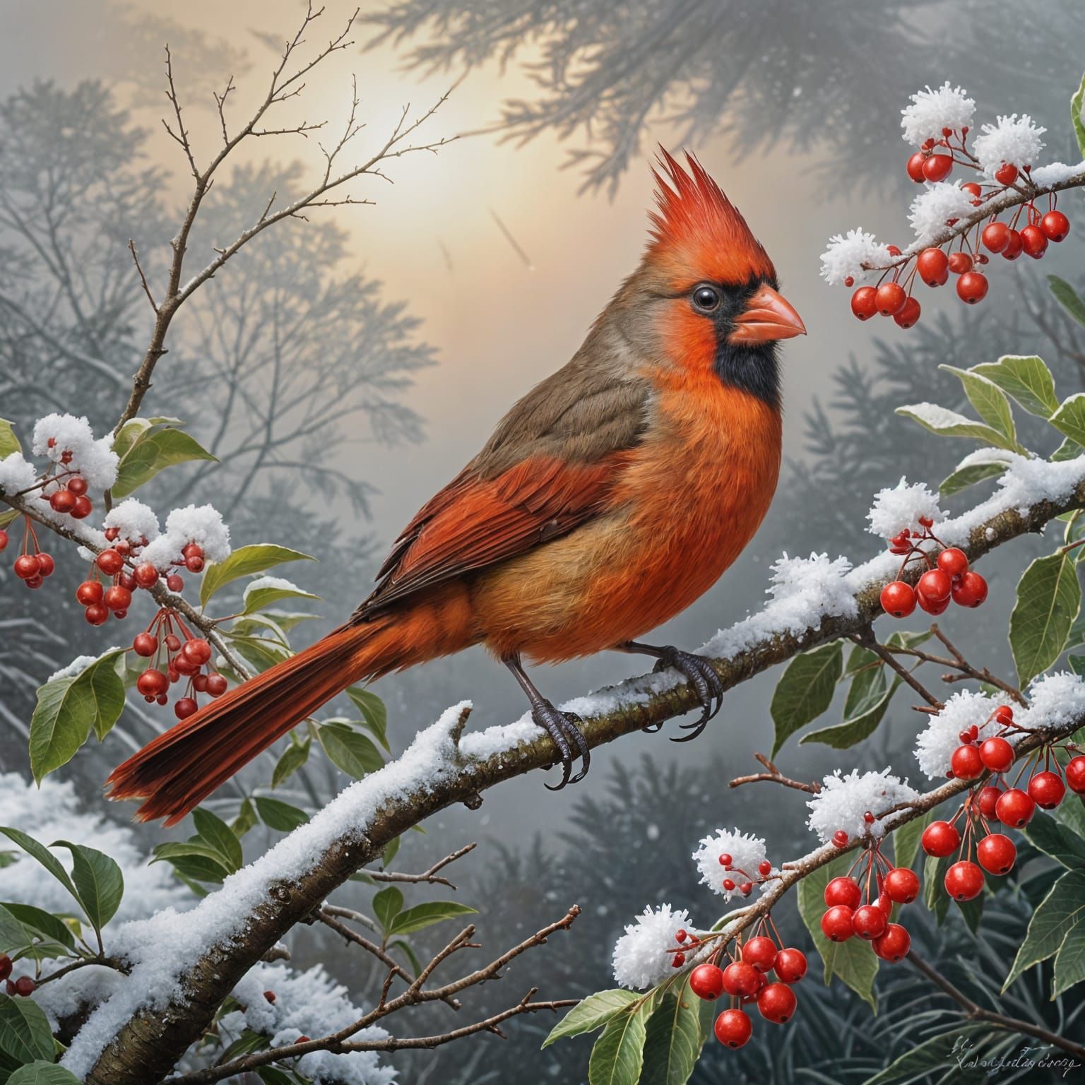 Fluffy Cardinal Bird Painting with Luminous Detail