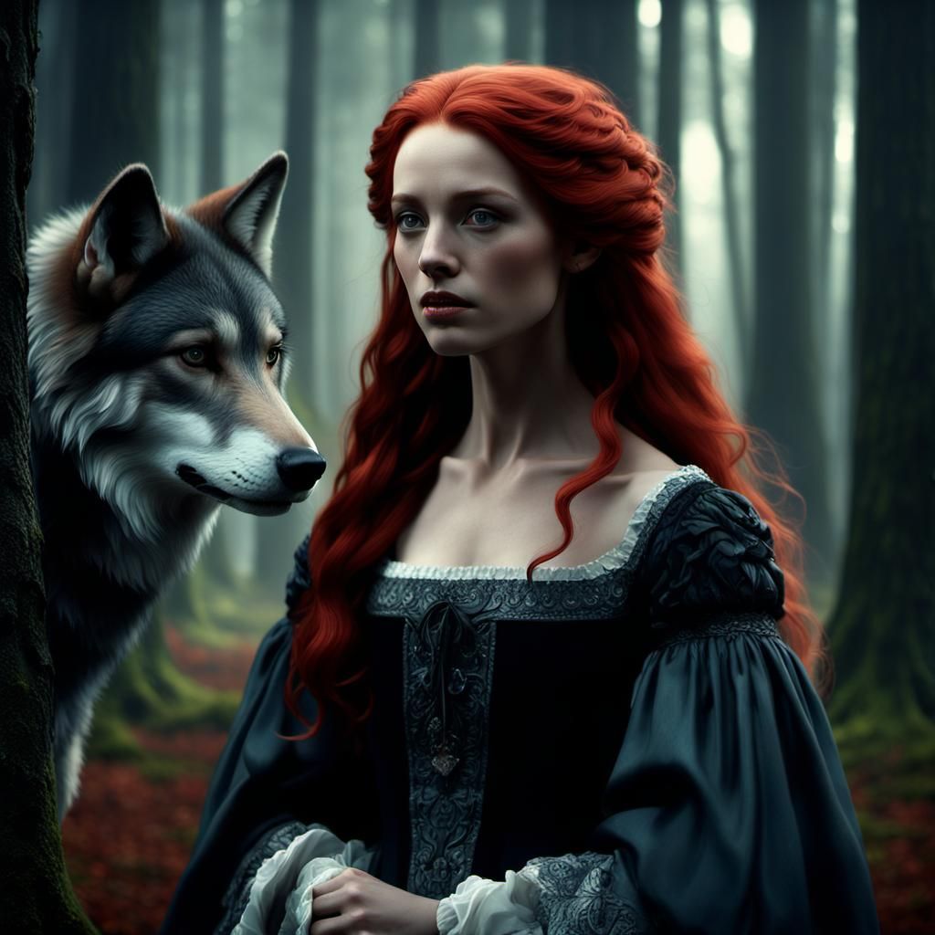 Woman with Wolf in Forest Night Scene