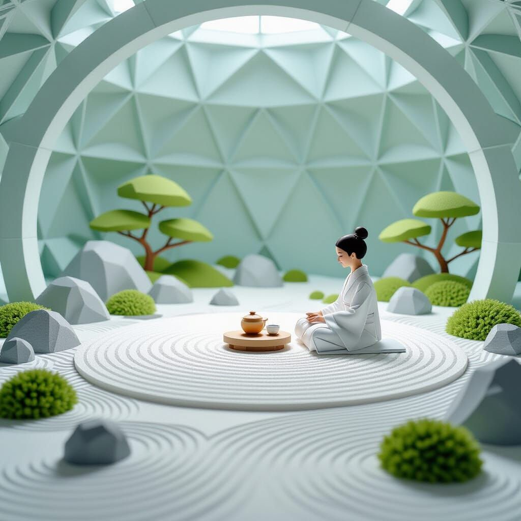 Futuristic Tea Ceremony on Mars: 3D Paper Collage