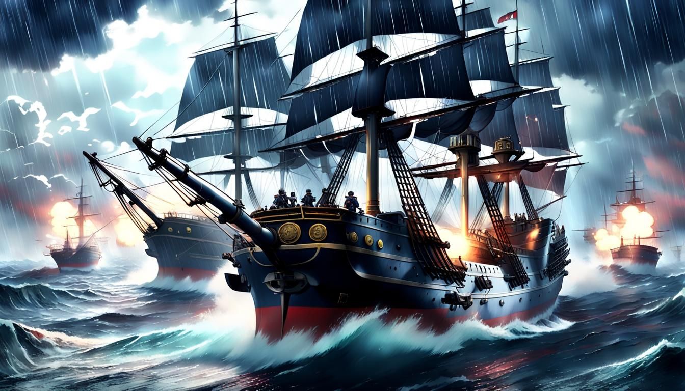 Stormy Naval Battle in Anime Style