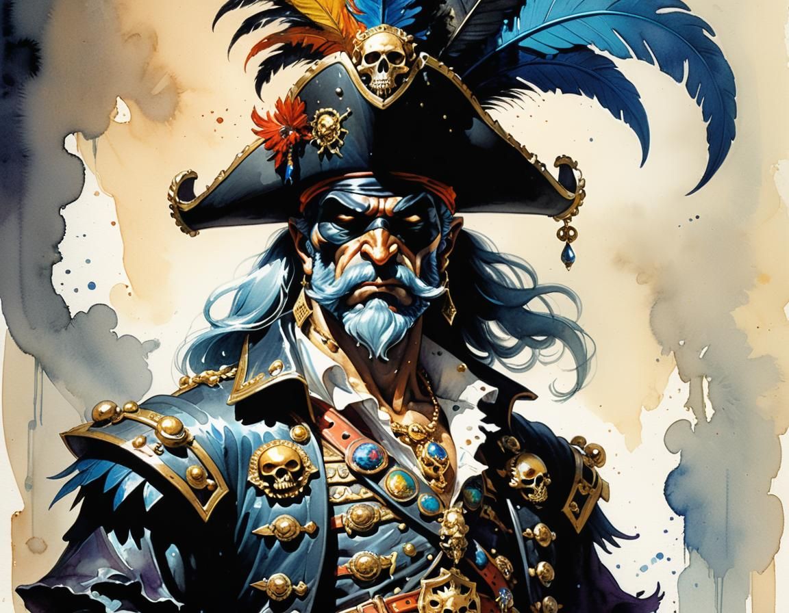 Grimdark Pirate Captain in Watercolor Comic Book Art