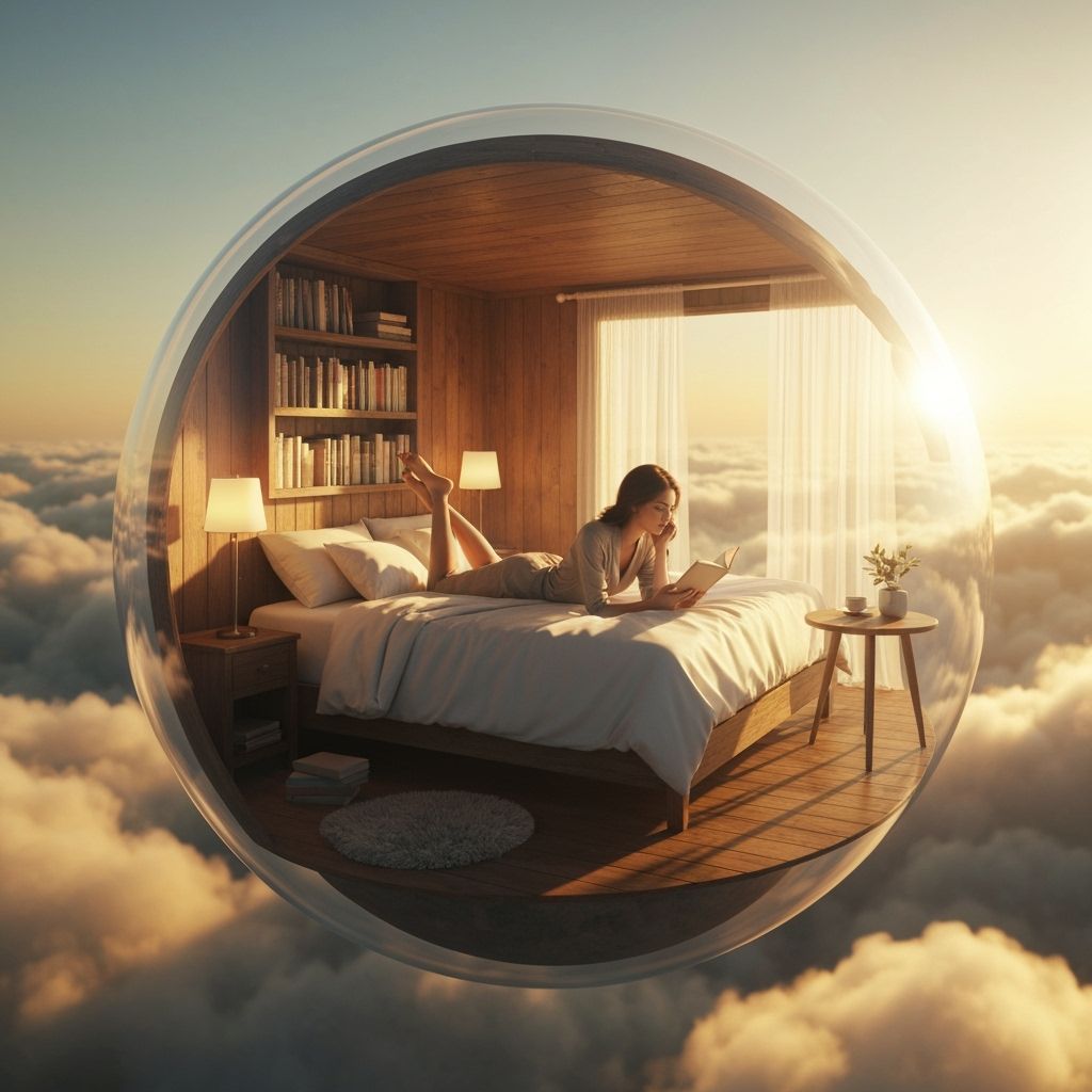 Dreamy Bedroom in Glass Sphere Above Clouds