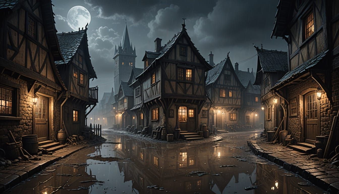 Medieval Village at Night with Rat's Eye View