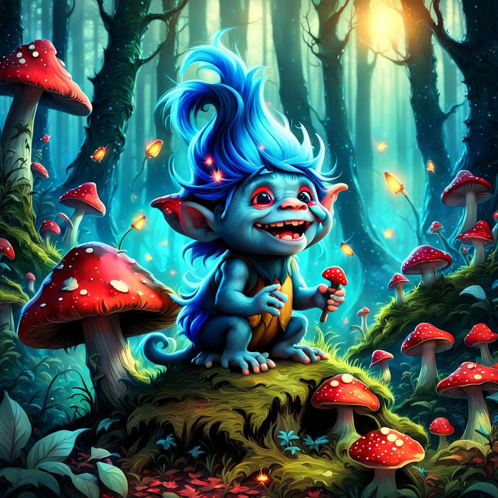 A cute blue-haired troll singing on top of a red mushroom in...