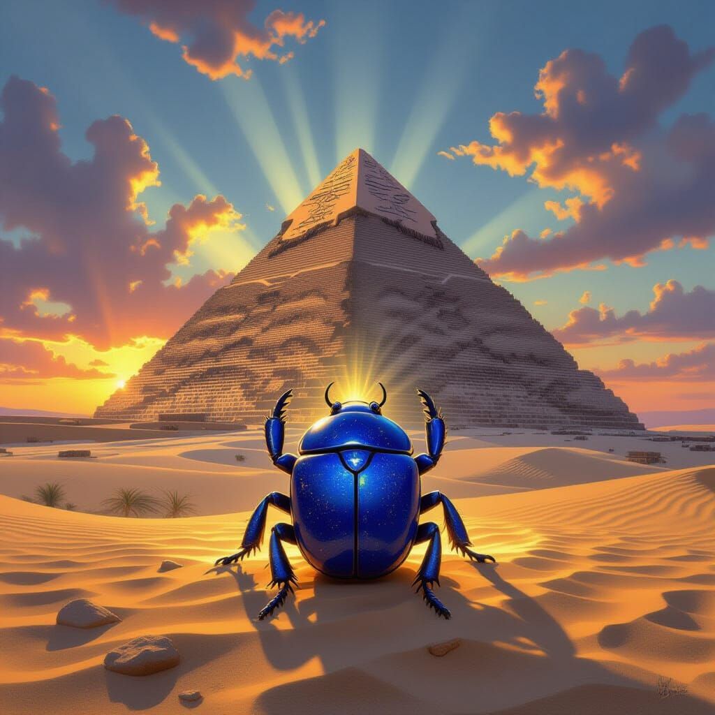 Lapis Lazuli Scarab at Center of Egyptian Pyramid
