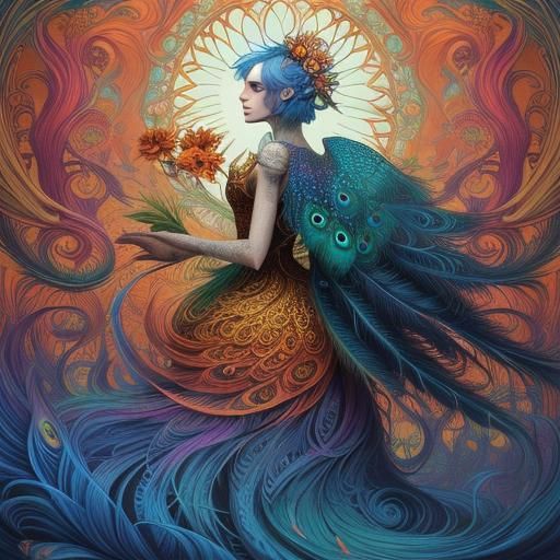 Peacock Woman with Flower Crown in Hyperrealistic Style