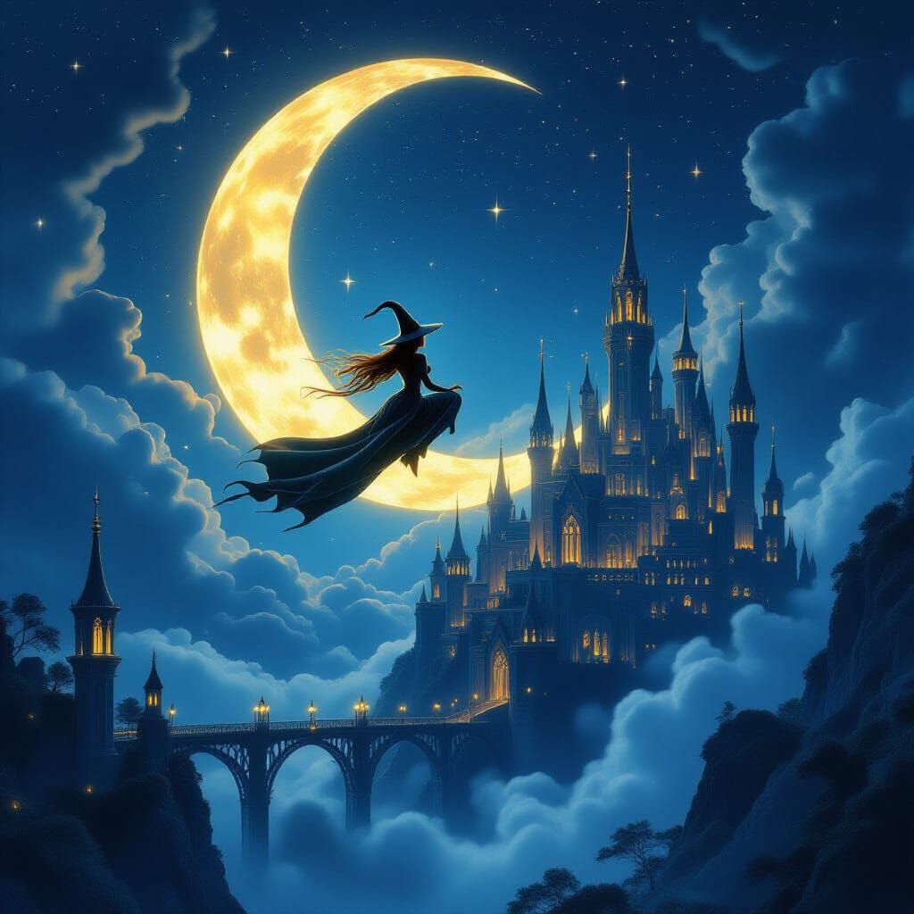 Witch Flying Over Fantasy City on Glowing Moon