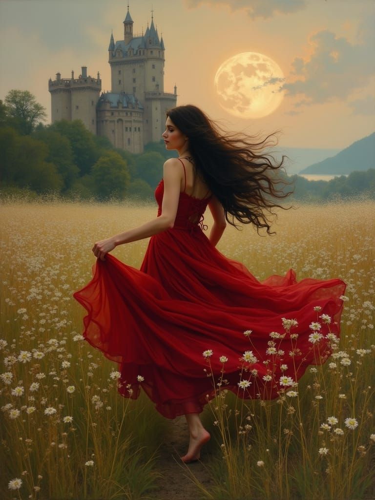 Woman in Crimson Gown Runs Through Wildflowers Under Moonlig...