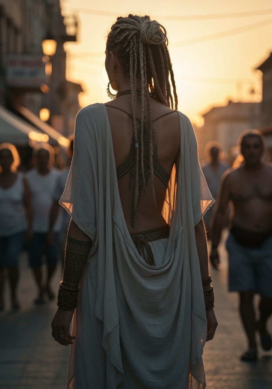 Boho Woman with Braids in Art Nouveau Style