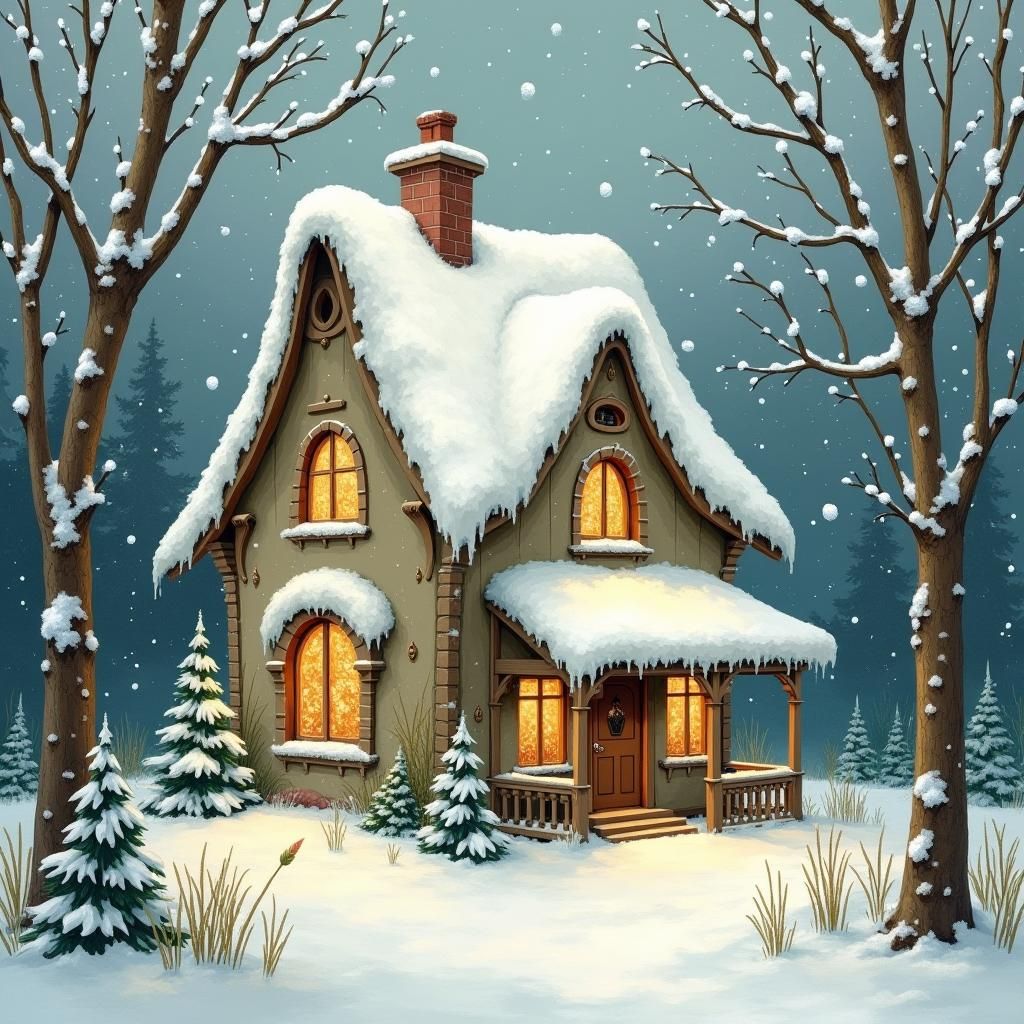 Whimsical Christmas House in Fairy-Tale Illustration Style