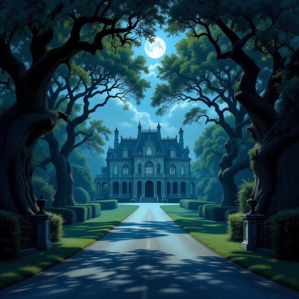 Gothic Mansion Tunnel Driveway in Eerie Moonlight