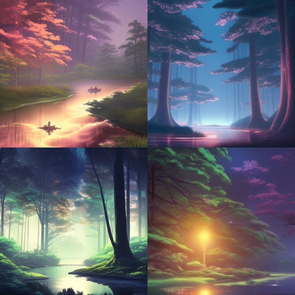 Luminous Spirits in a Miyazaki-esque Forest at Night