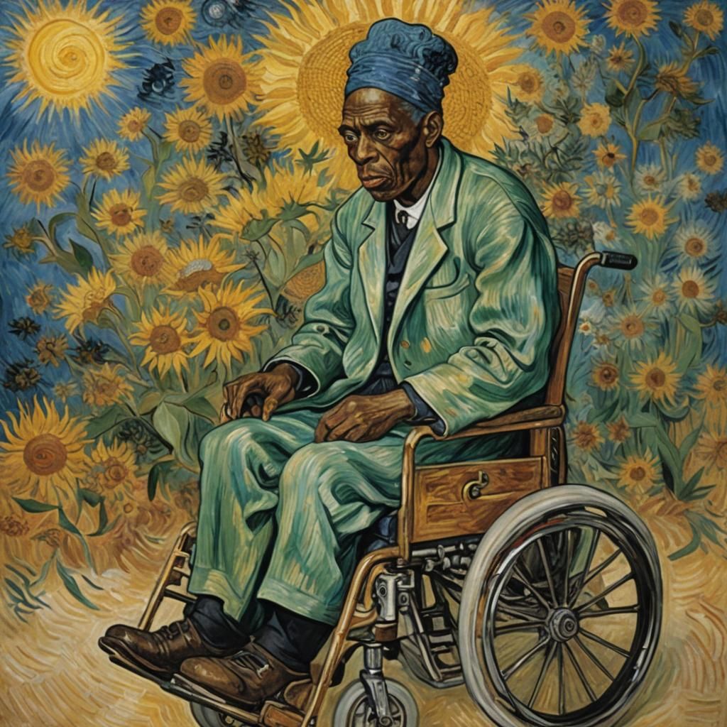 Man in Wheelchair: Surreal Post-Impressionist Painting