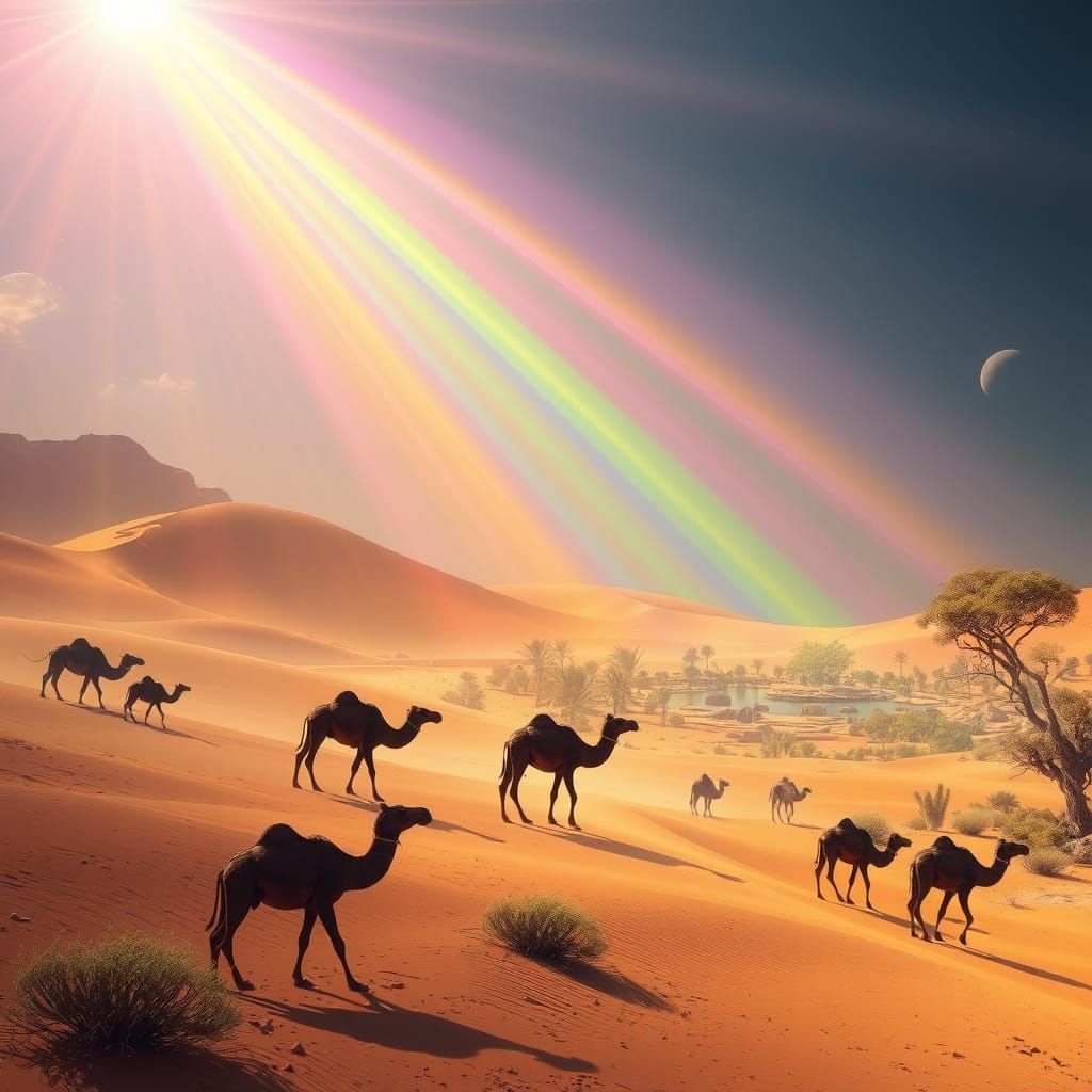 Surreal Desert Oasis with Prismatic Lighting