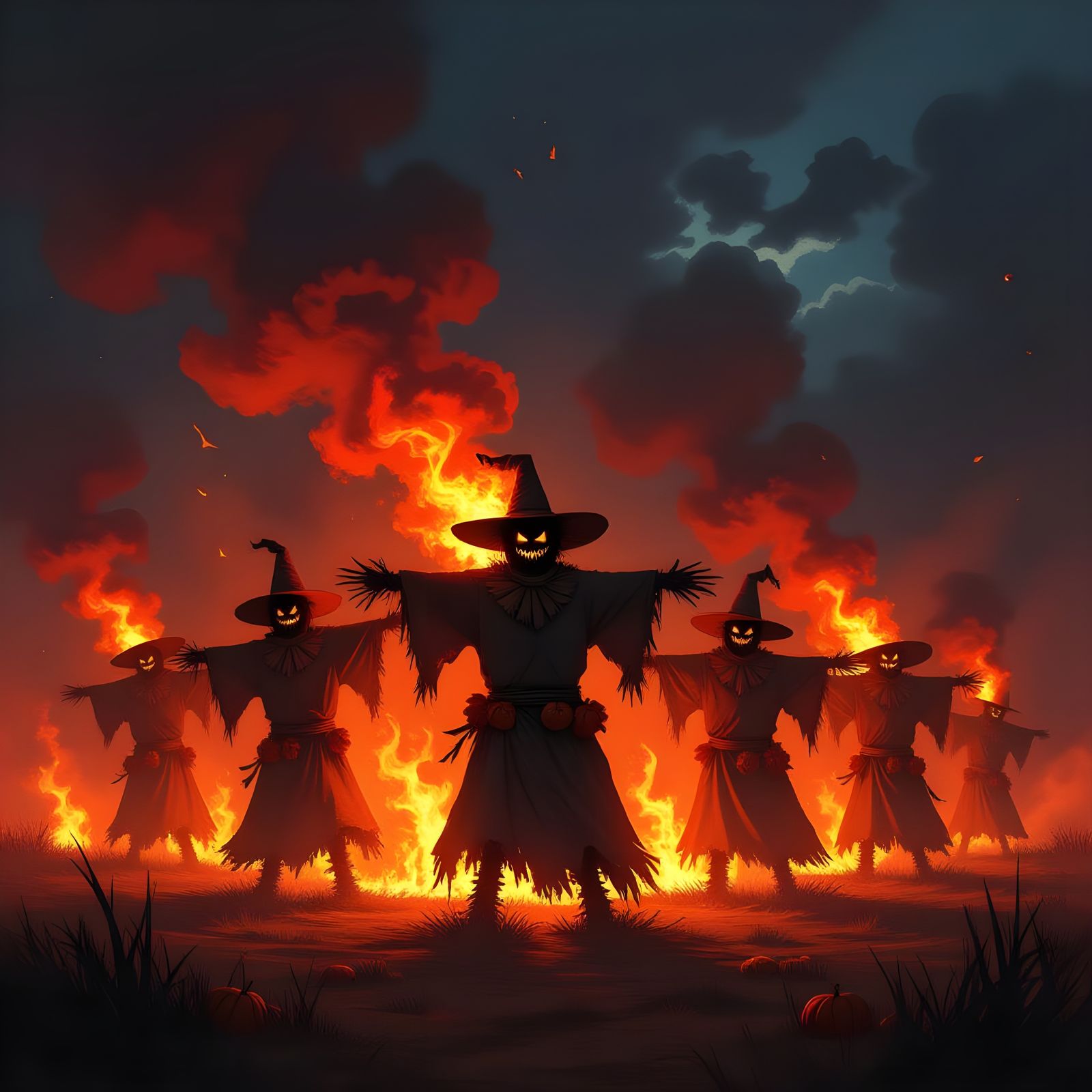 Scarecrows Ablaze in Dramatic Night Scene
