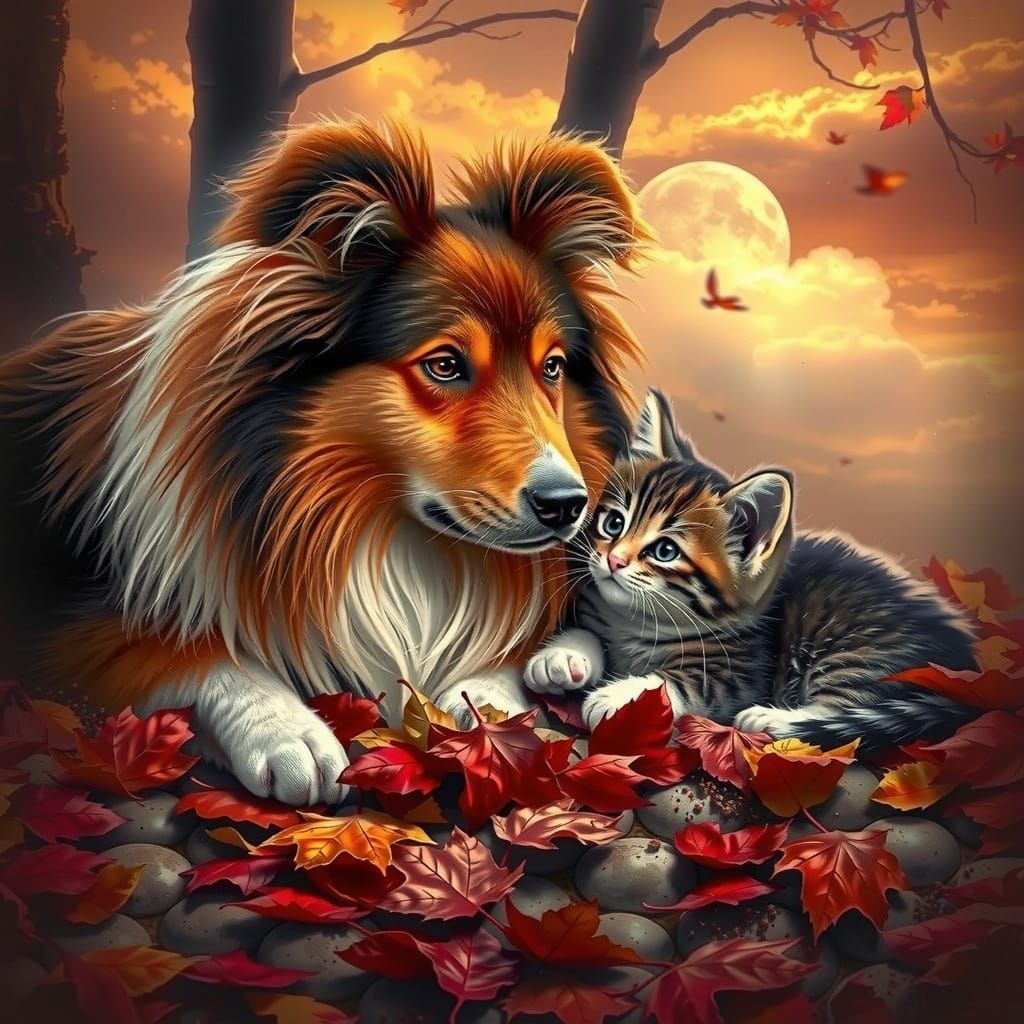 Serene Woodland Scene of a Sheltie and Kitten
