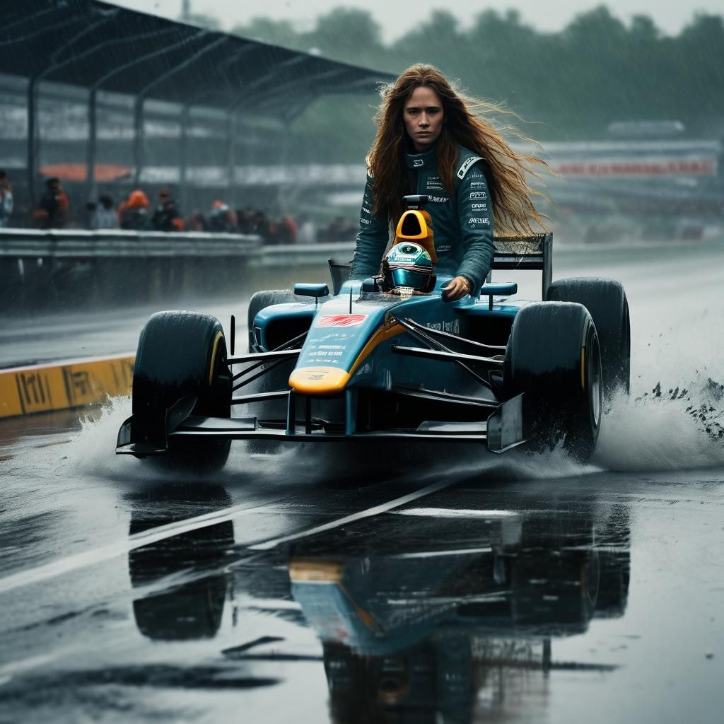 Damaged F1 Car on Flooded Track as Oil Painting
