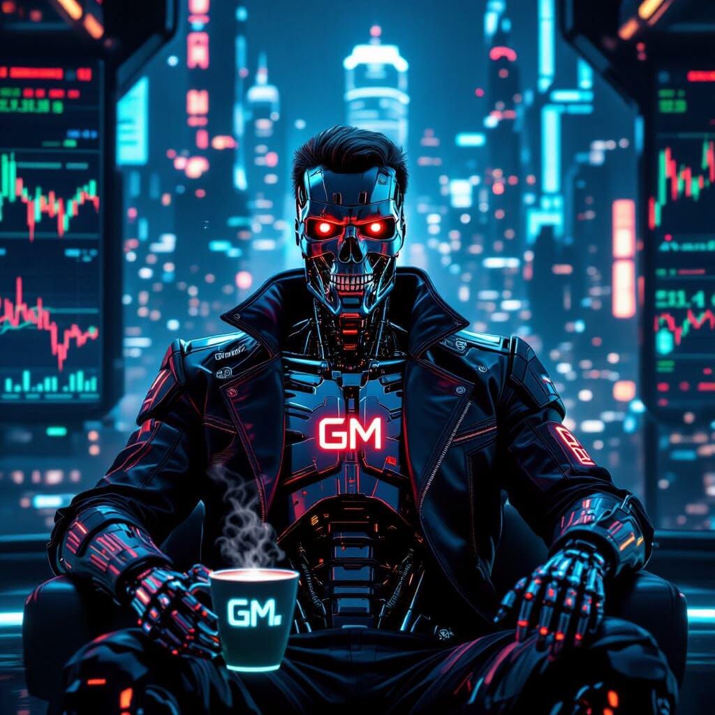 Cyborg Trader in Cyberpunk Cityscape