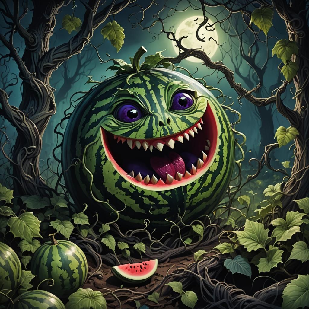 Whimsical Dark Fantasy: Laughing Watermelon in Grotesque Det...