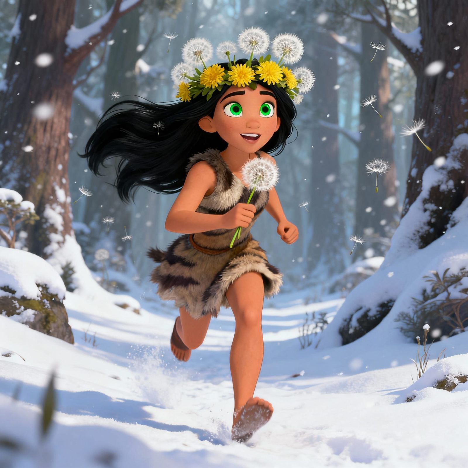 Disney Style Woman in Snowy Forest with Dandelion Crown
