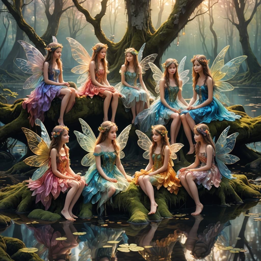 Magical Fairies by Glistening Lake: Fantasy Oil Painting