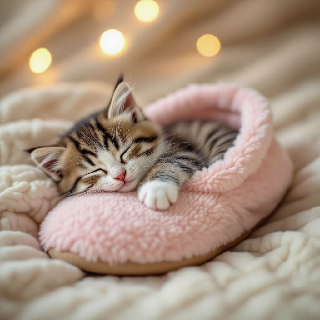 Kitten Sleeping Soundly in a Fuzzy Slipper