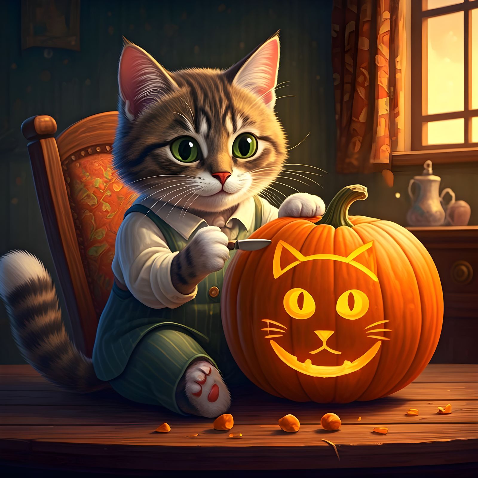 Cute Cat Carving Pumpkin in Cozy Living Room