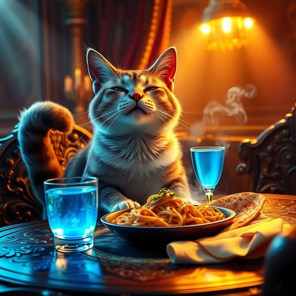 Majestic Cat Savoring Noodles in Cozy Dining Scene