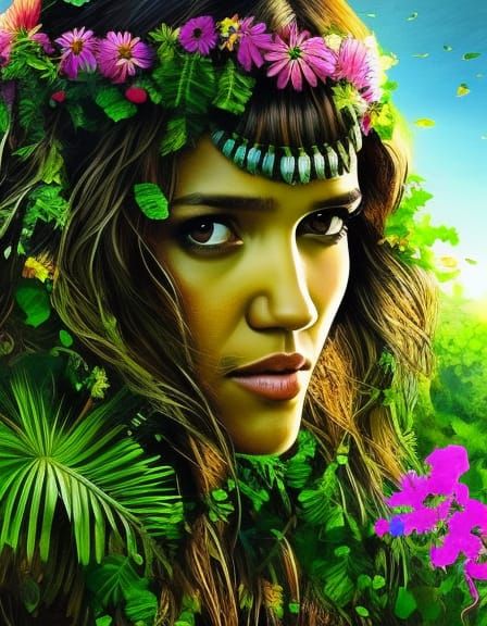 Jungle Goddess with Flowers, Hyperdetailed Portrait