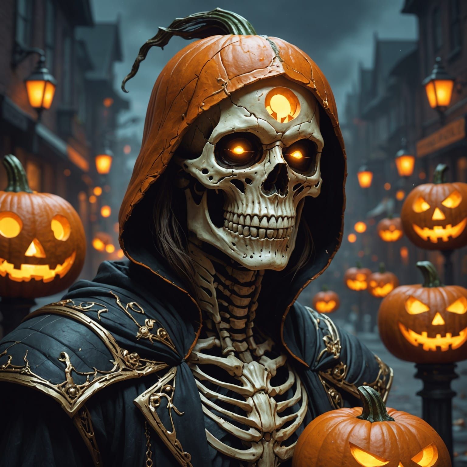 Halloween Pumpkin Lantern in Dark Street, Skeleton, Ghosts