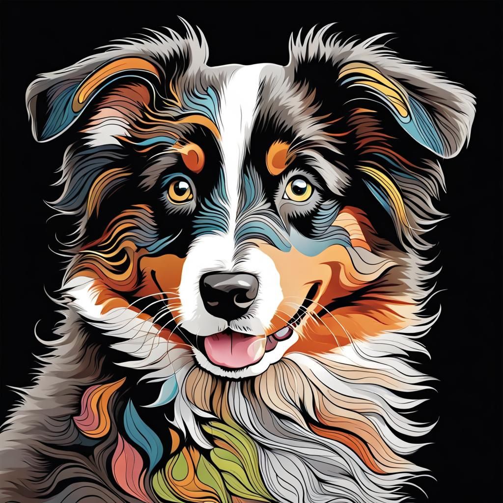 Vibrant Line Art of Happy Australian Shepherd Puppy