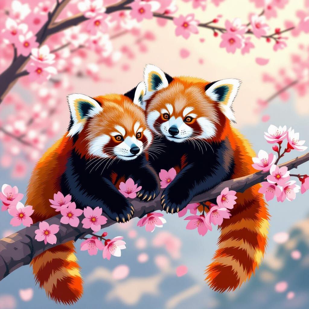Red Pandas in Cherry Blossoms, Japanese Woodblock Print