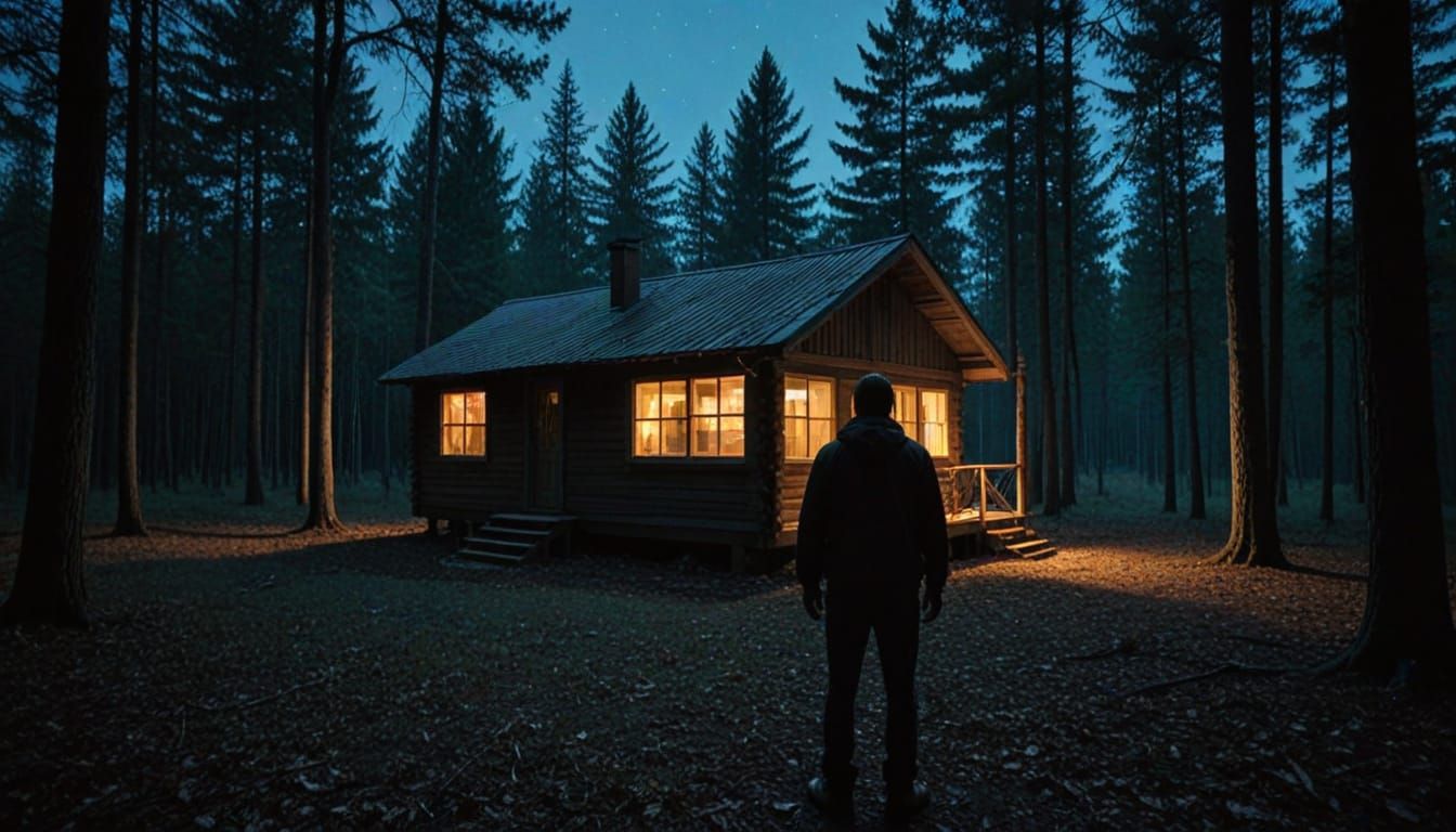 Mysterious Hermit in Woods Under Moonlit Skies