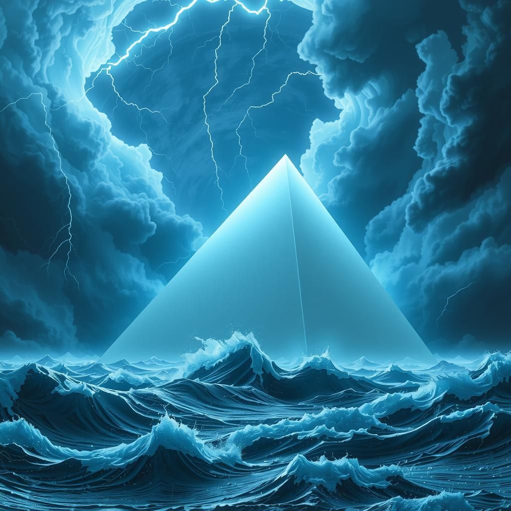 Show me a brilliant white pristine pyramid emerging from a stormy sea illuminated by plasma lightening.