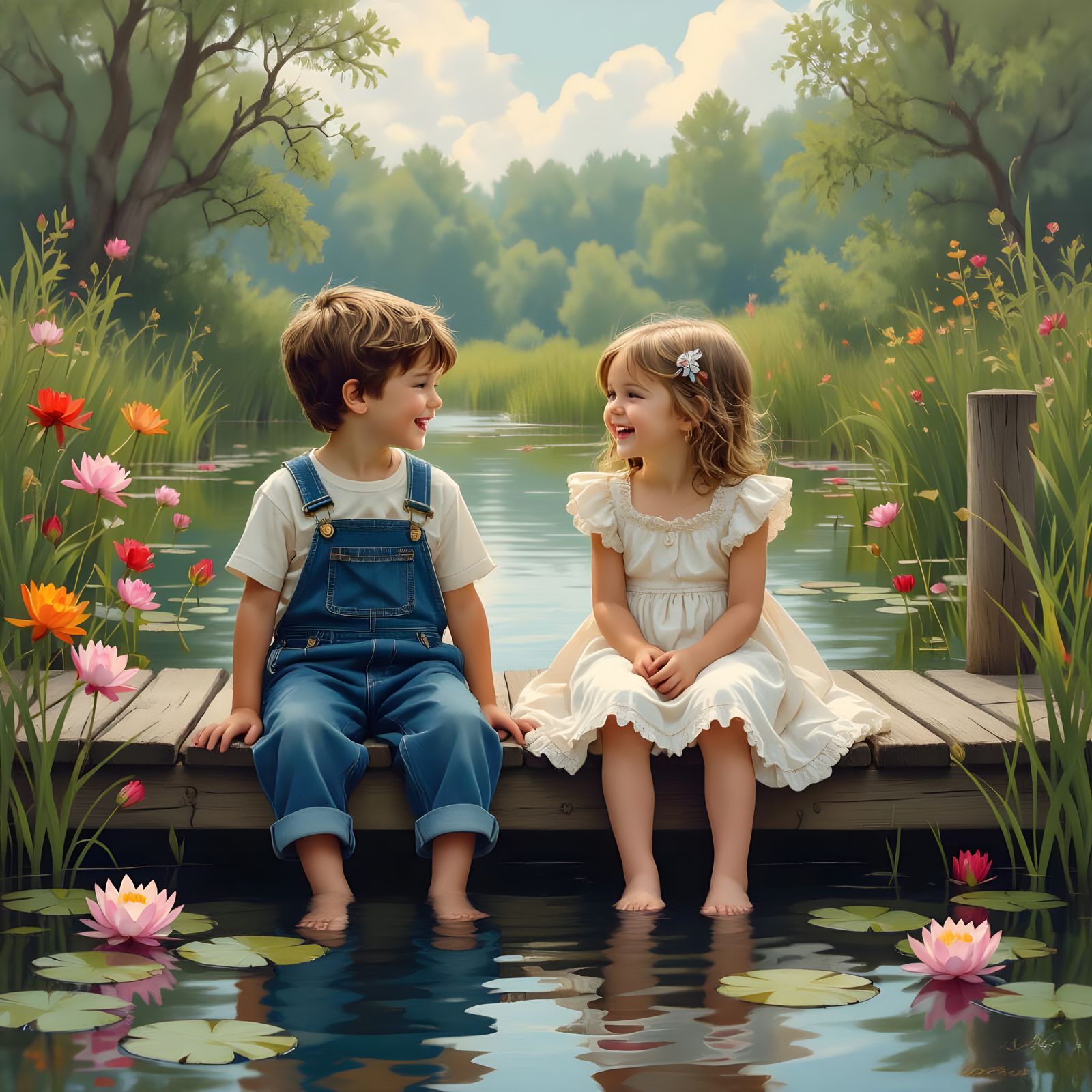 Children Giggling by Pond: Fantasy Concept Art