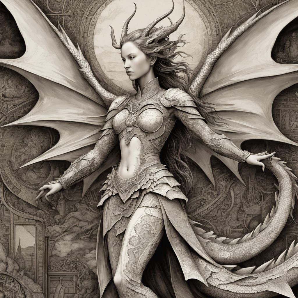 Dragonrider Woman in Desert, Monochrome Stippling Art