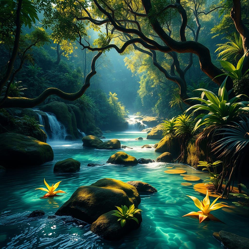 Mystical Jungle Oasis in Vibrant Matte Painting