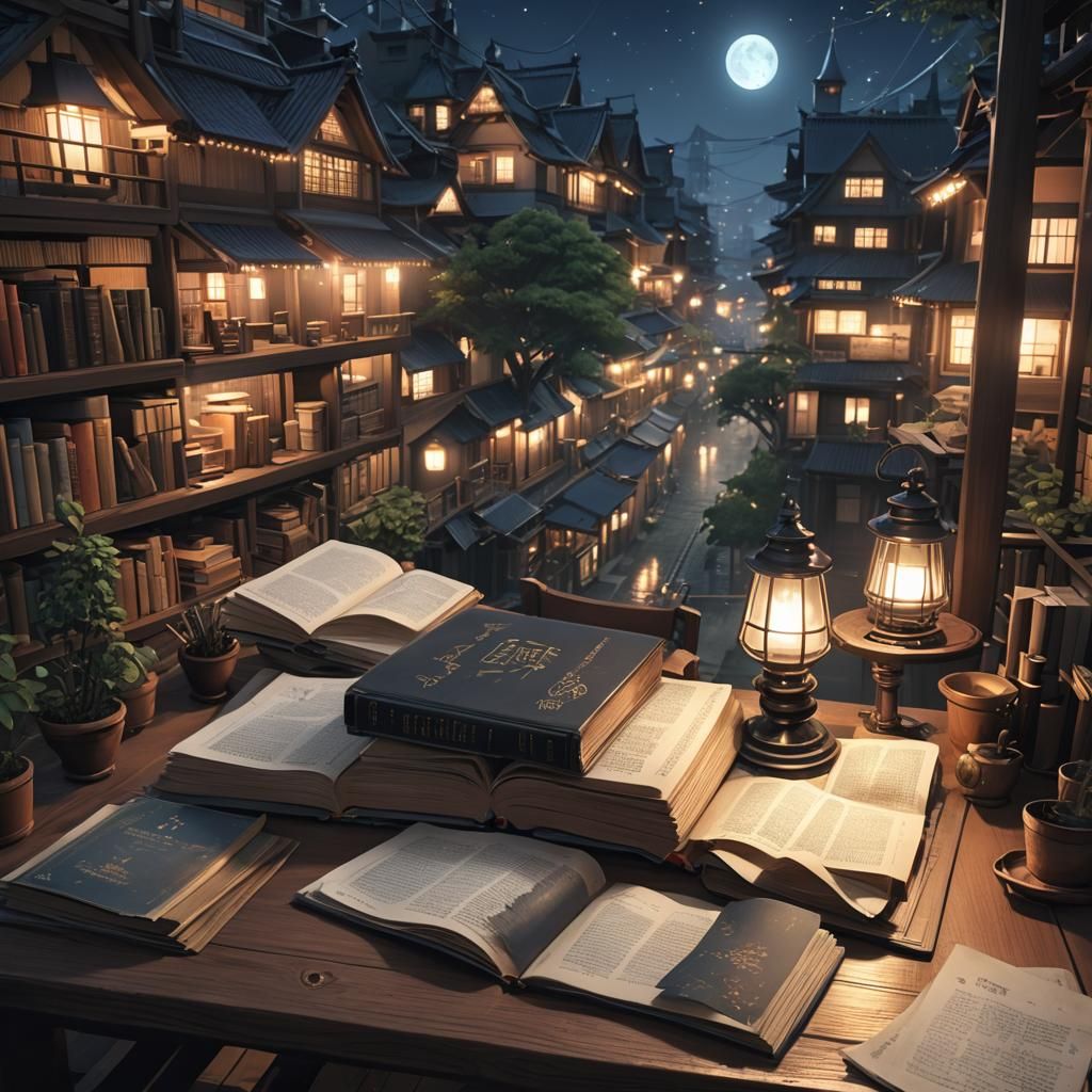 Nighttime Book Scene in 3D Anime Style