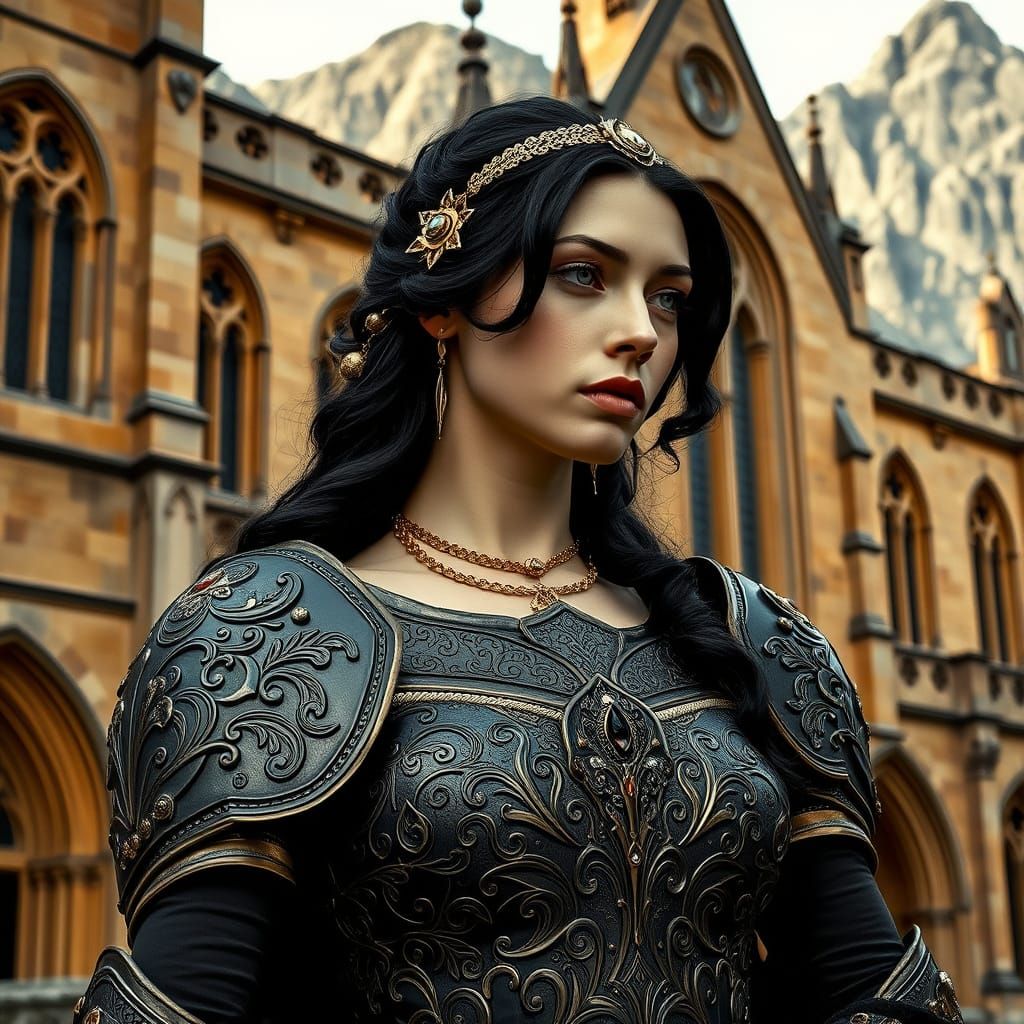 Woman in Baroque Armor Stands Confidently Before Historic Bu...