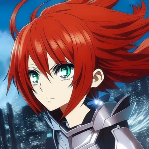 female with red hair and hypnotic jade green eyes , alita battle angle