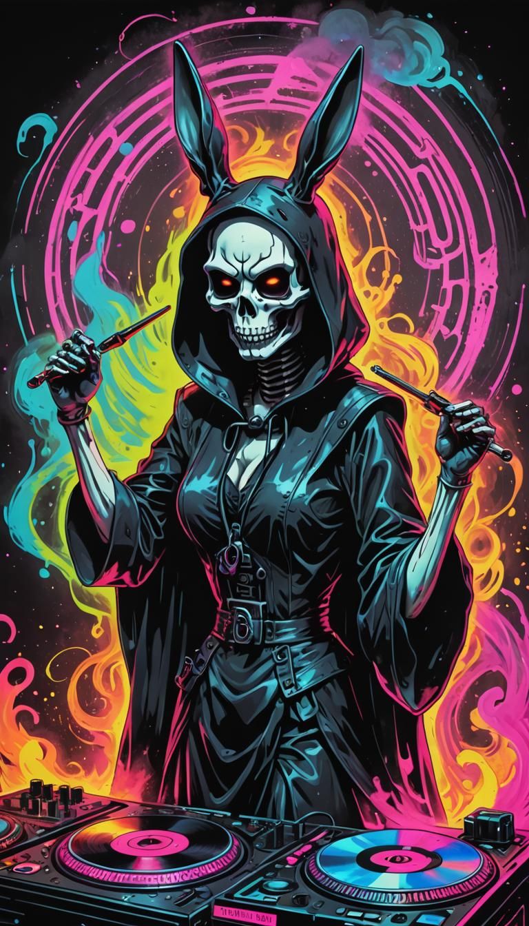 Cyberpunk Grim Reaper Bunny DJ in Neon