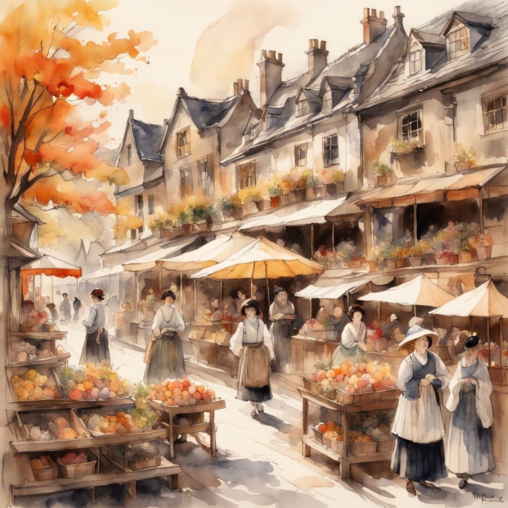 May ploe dancing, vintage watercolour masterpiece, scottish village square, Harvest festival,  Antique watercolour,  JB ...